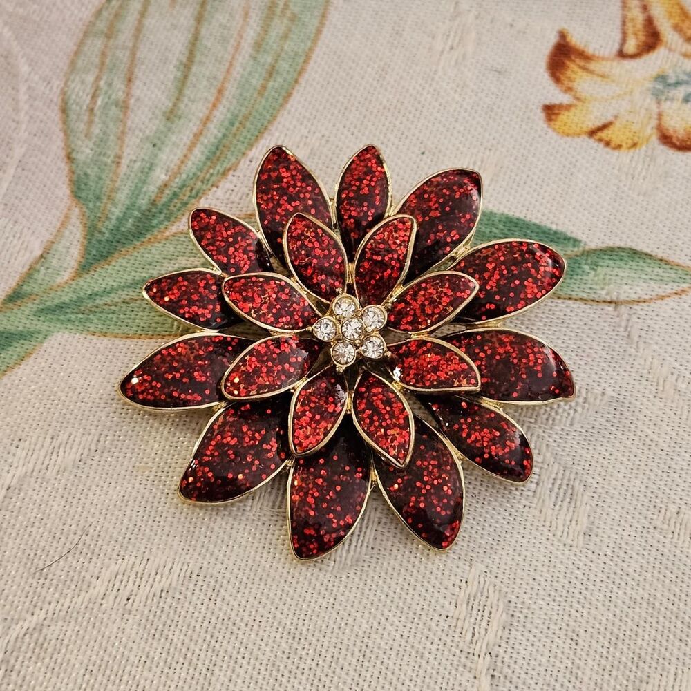 vintage holiday poinsettia red glitter enamel brooch